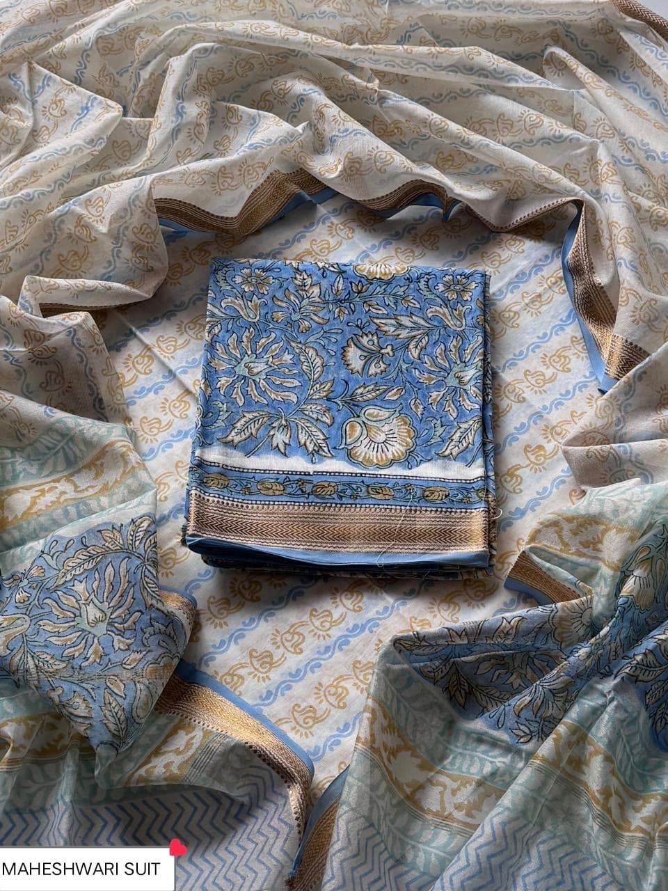 Blue Floral Block Print Maheshwari Silk Suit with Maheshwari Silk Dupatta