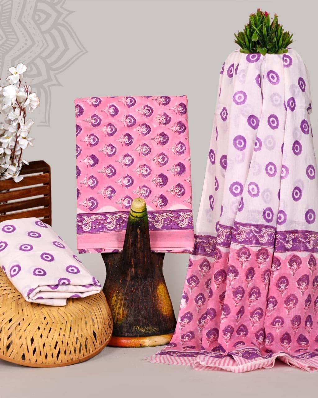 Pink Purple Circle Hand Block Print Pure Cotton Suit Set with Mulmul Dupatta