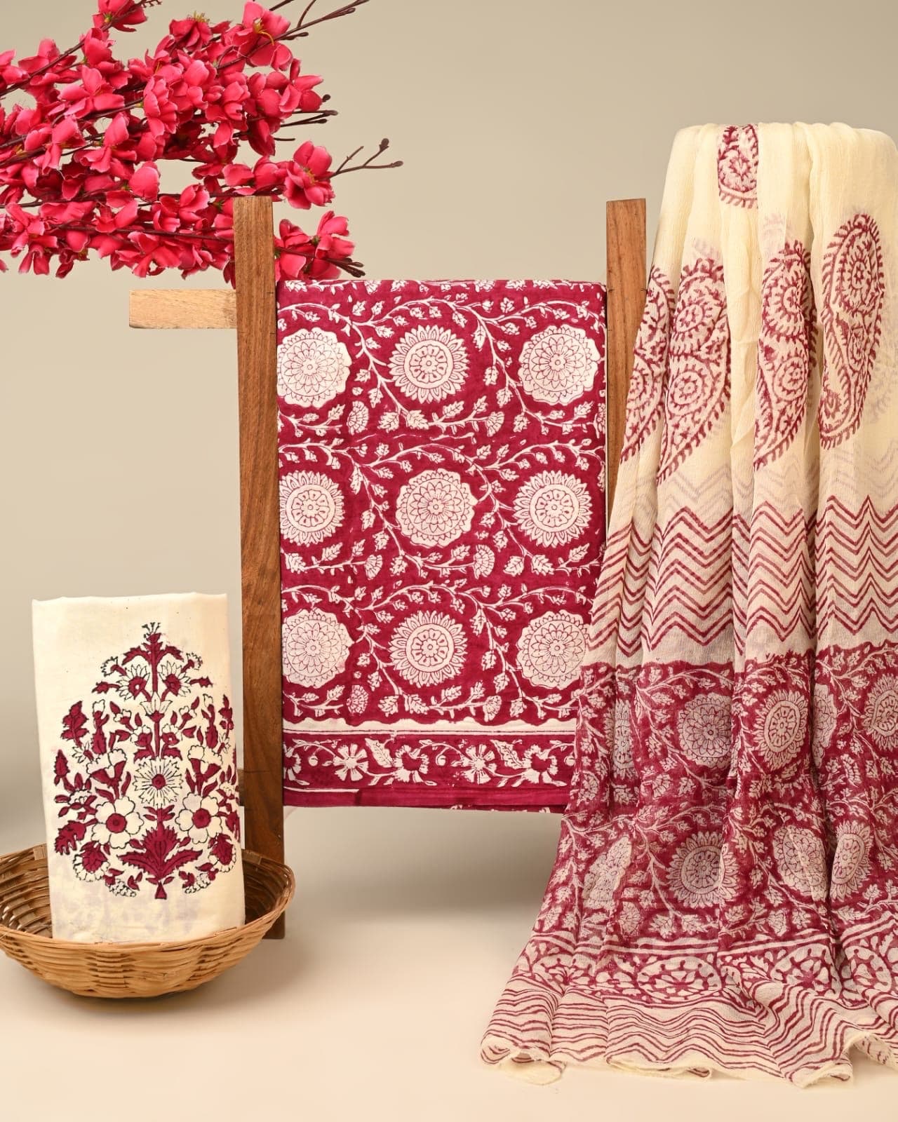 Magenta Mandala Hand Block Print Pure Cotton Suit Set with Chiffon Dupatta