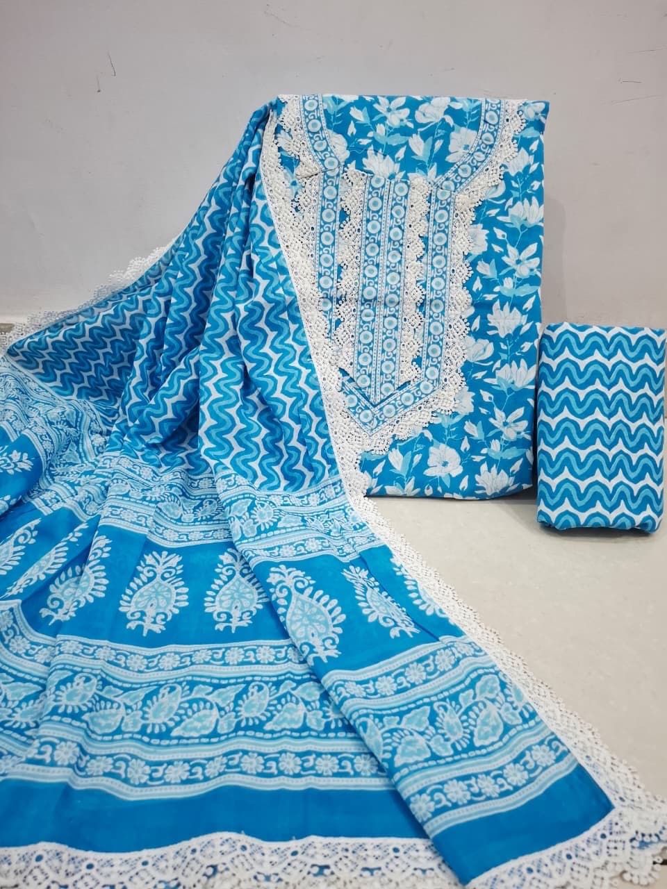 Turquoise Blue Floral Print Crochet Lace Cotton Suit Set