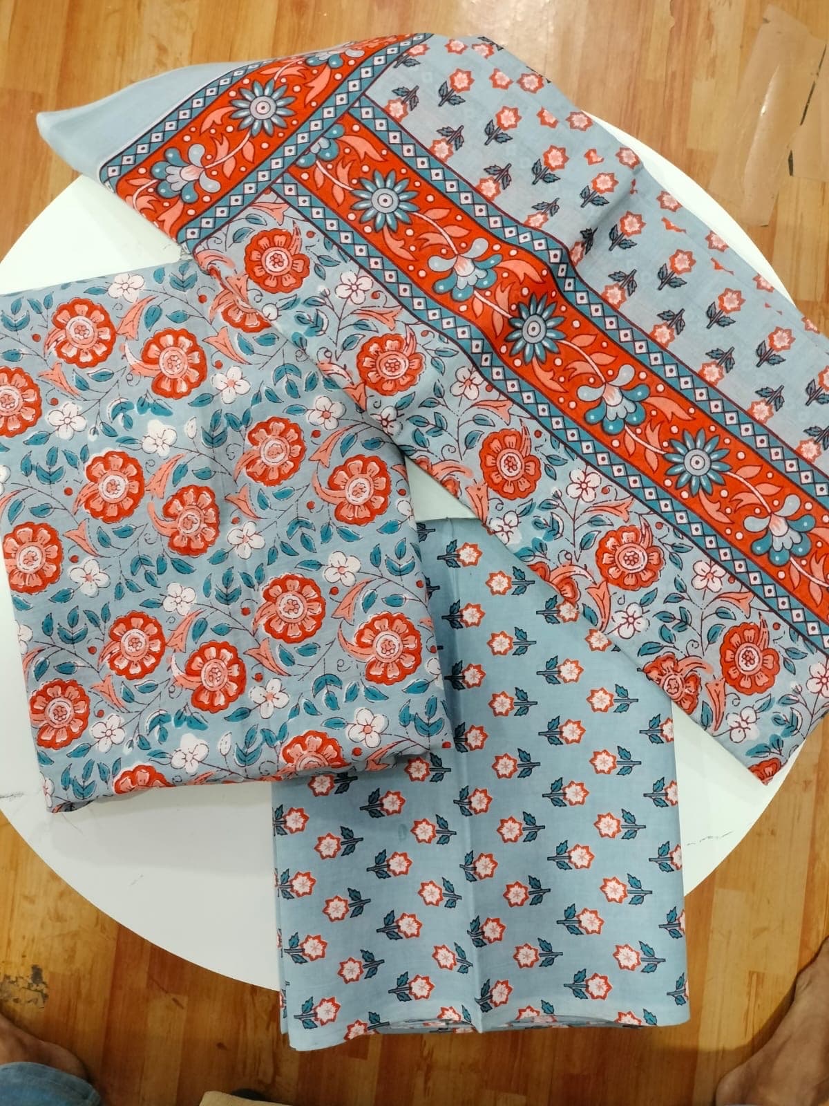 Grey & Coral Floral Hand Block Print Cotton Suit Set