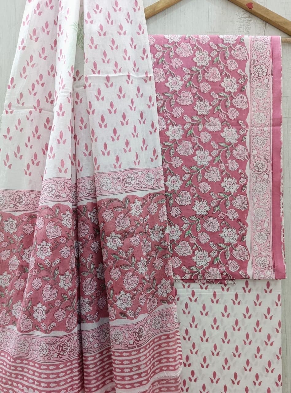 Ivory Rose Pink Floral Booti Cotton Suit Set