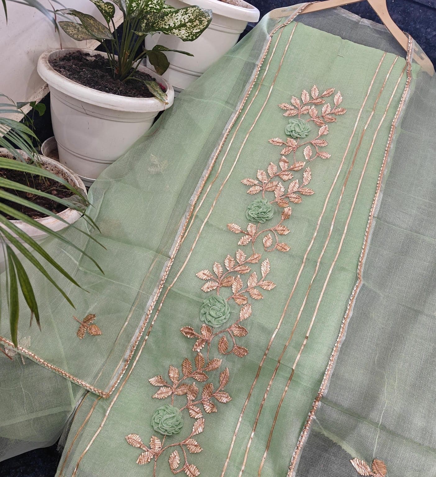 Sea Green & Gold Embroidered Organza Dupatta