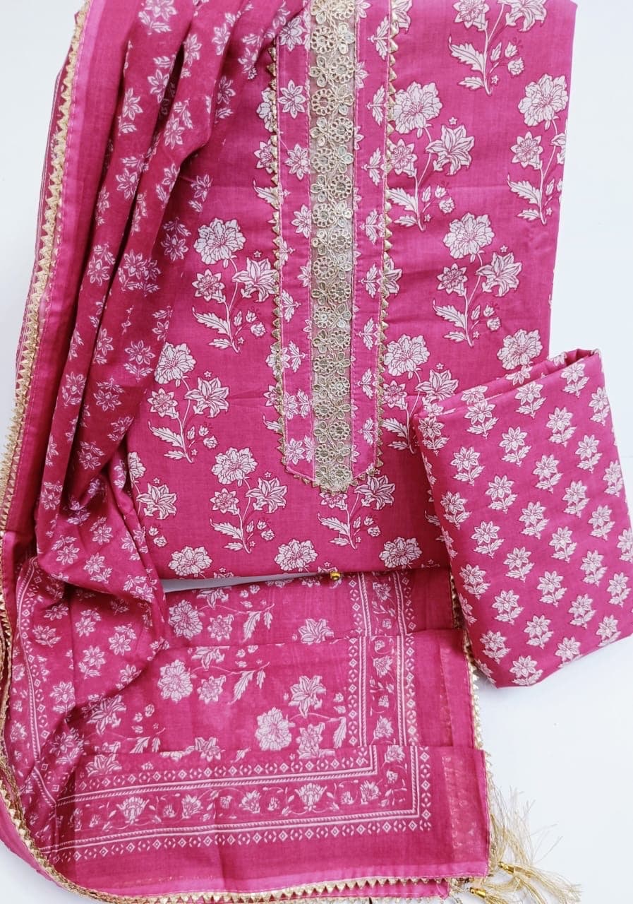 Rani Pink Floral Print Cotton Suit Set with Gota Lace Neck