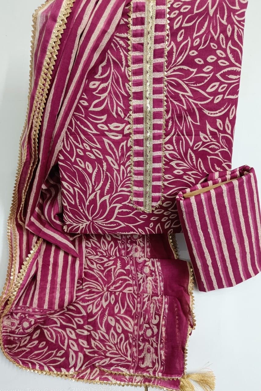 Wine Magenta Leaf Print Cotton Suit Set with Gota Lace Neck
