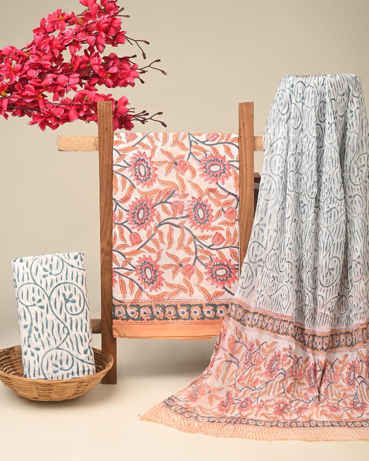 Coral Sunflower Hand Block Print Pure Cotton Suit Set with Chiffon Dupatta