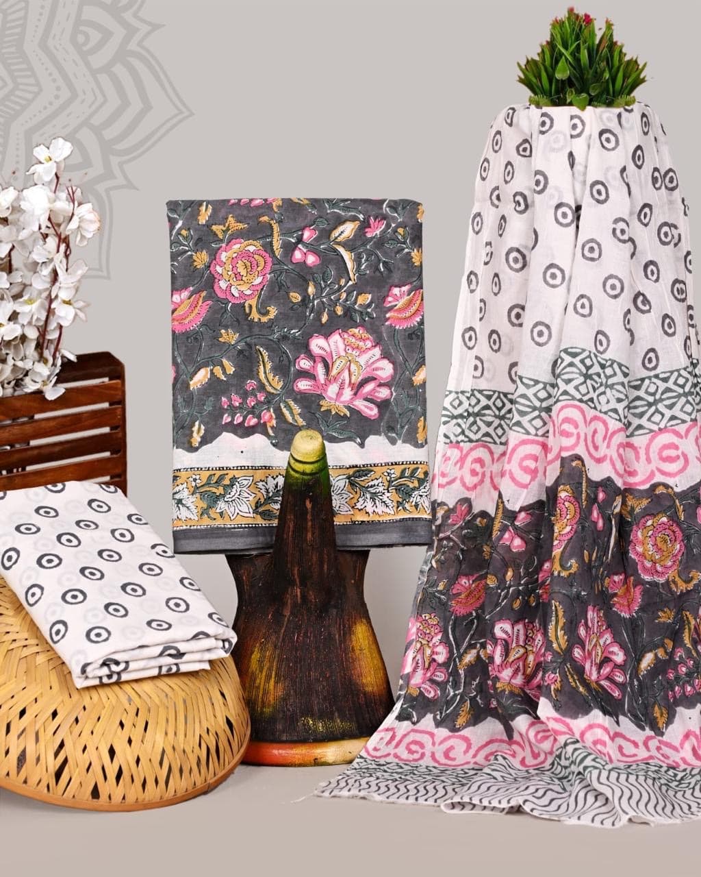 Charcoal Grey Floral Hand Block Print Pure Cotton Suit Set with Mulmul Dupatta