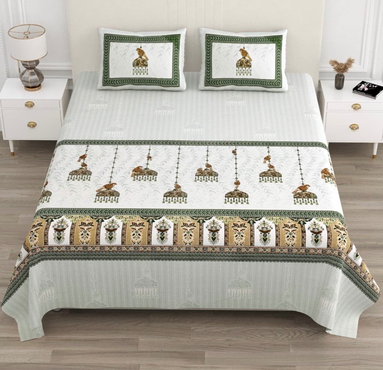 Ivory Olive Green Rajasthani Bird Jhoomar Print Cotton Bedsheet