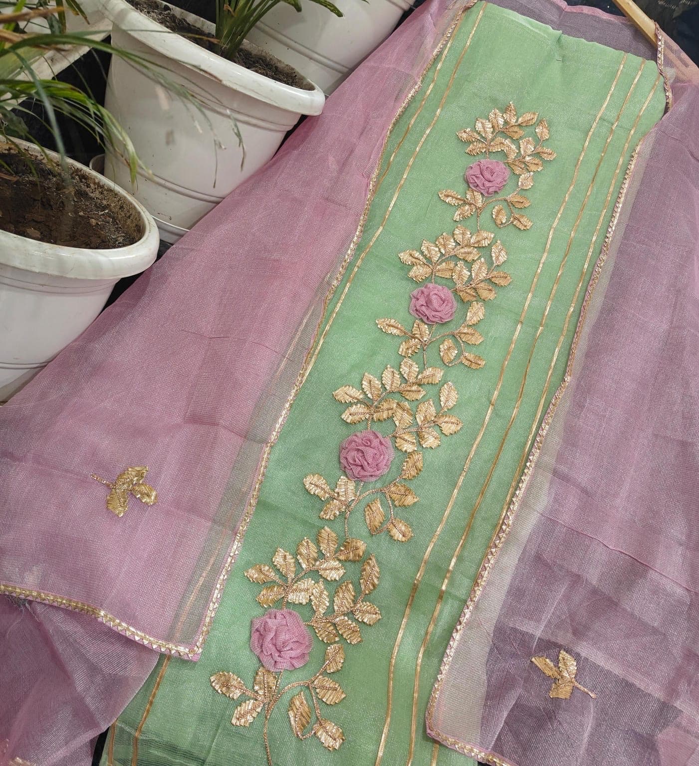 Sea Green & Mauve Pink Embroidered Organza Dupatta