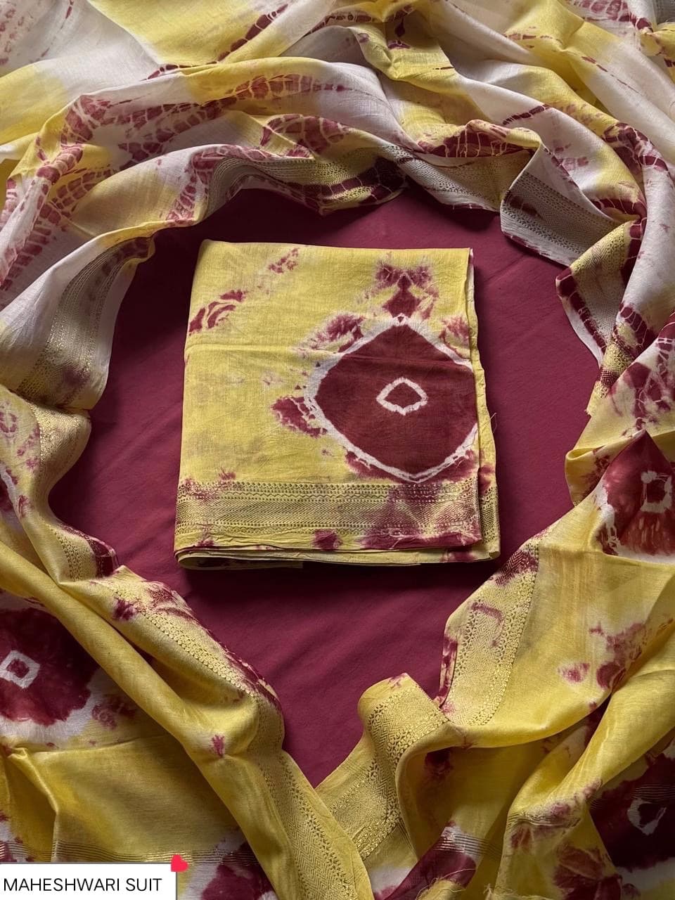 Yellow & Maroon Shibori Tie-Dye Maheshwari Silk Suit with Maheshwari Silk Dupatta
