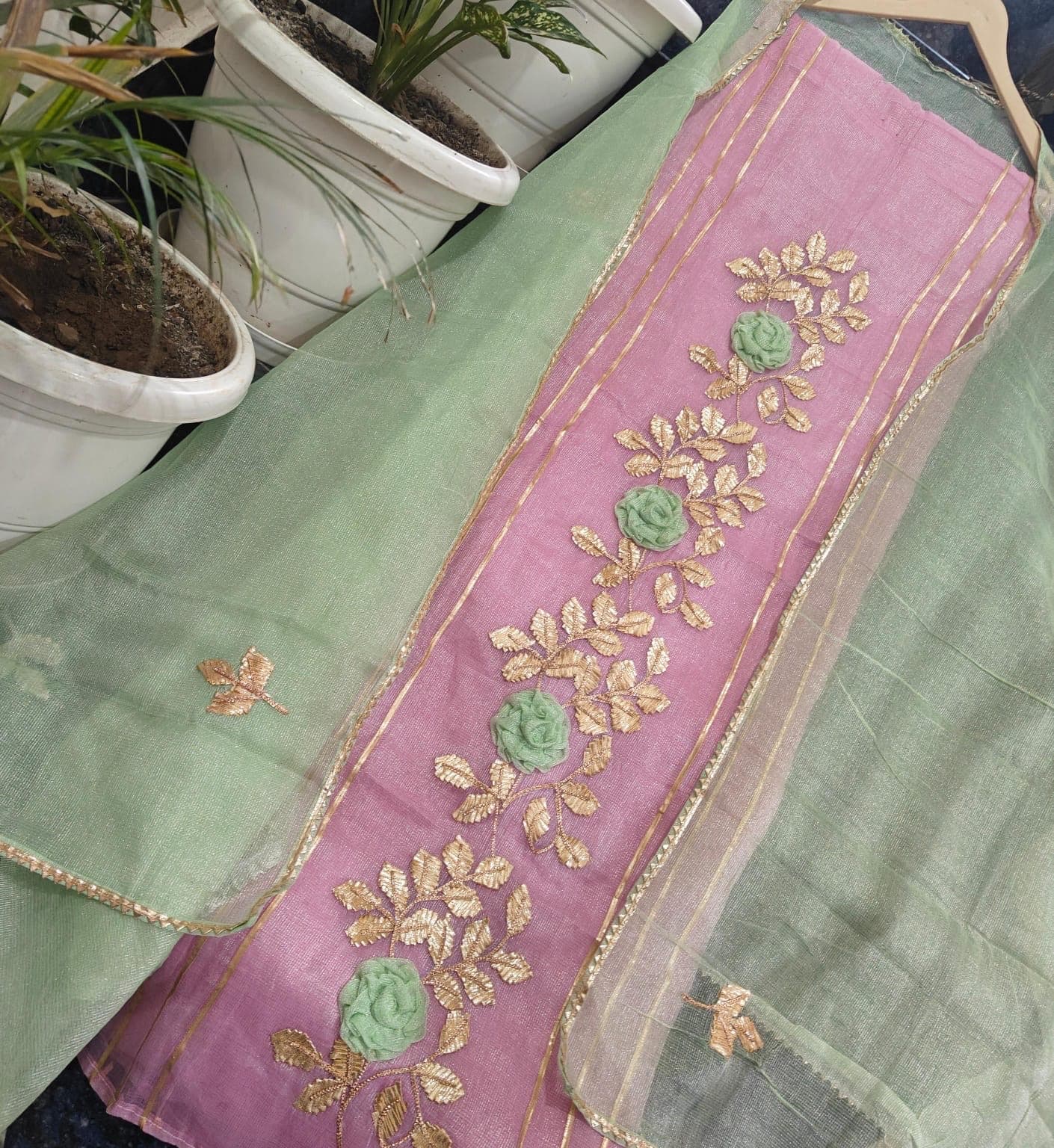 Mauve Pink & Sea Green Embroidered Organza Dupatta