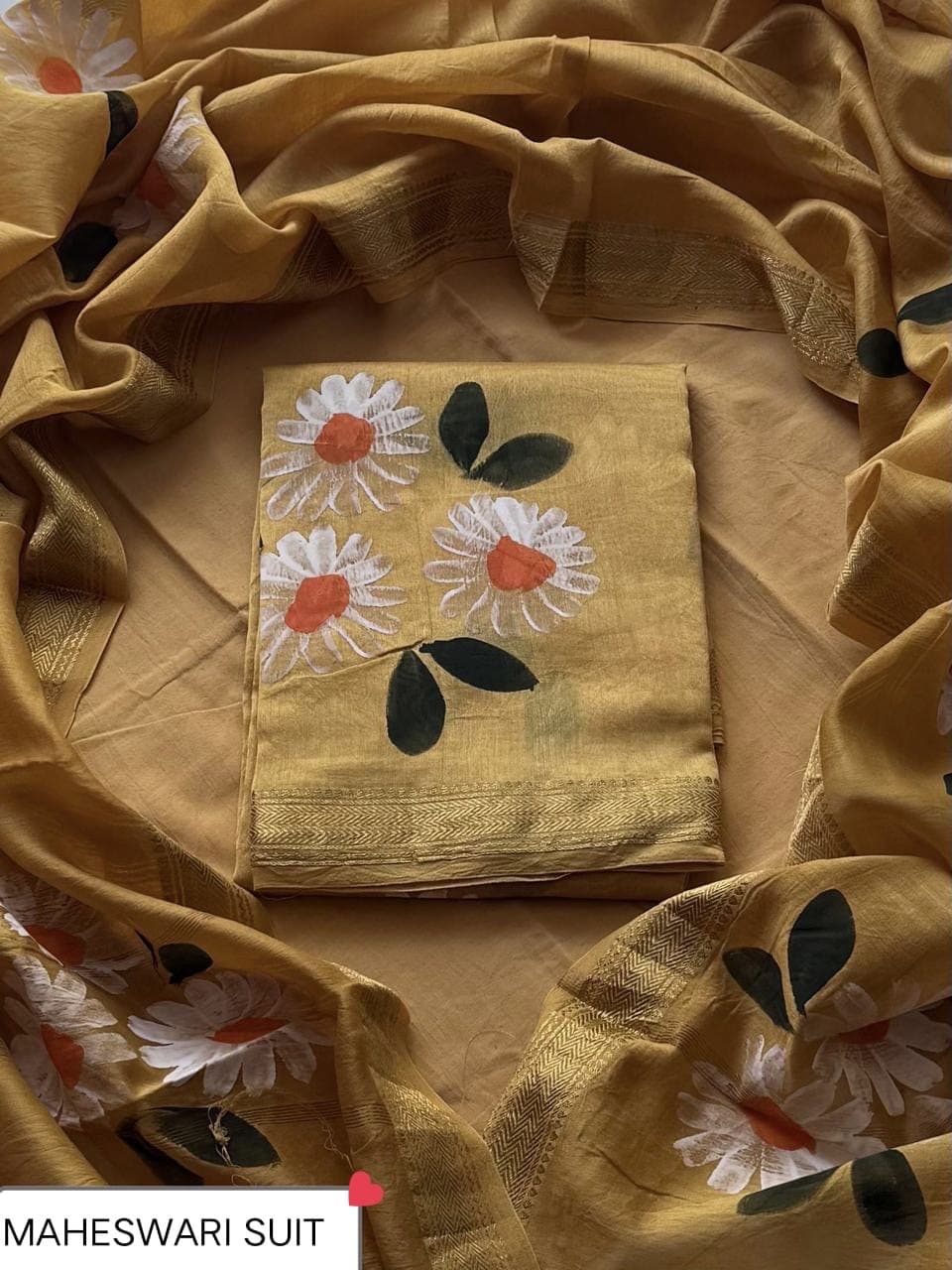 Mustard Hand-Painted Daisy Maheshwari Silk Suit with Maheshwari Silk Dupatta