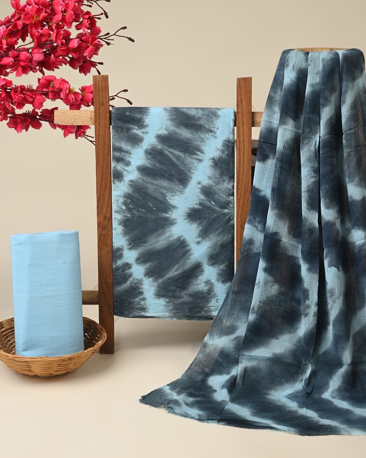 Sky Blue Shibori Tie-Dye Pure Cotton Suit Set with Chiffon Dupatta
