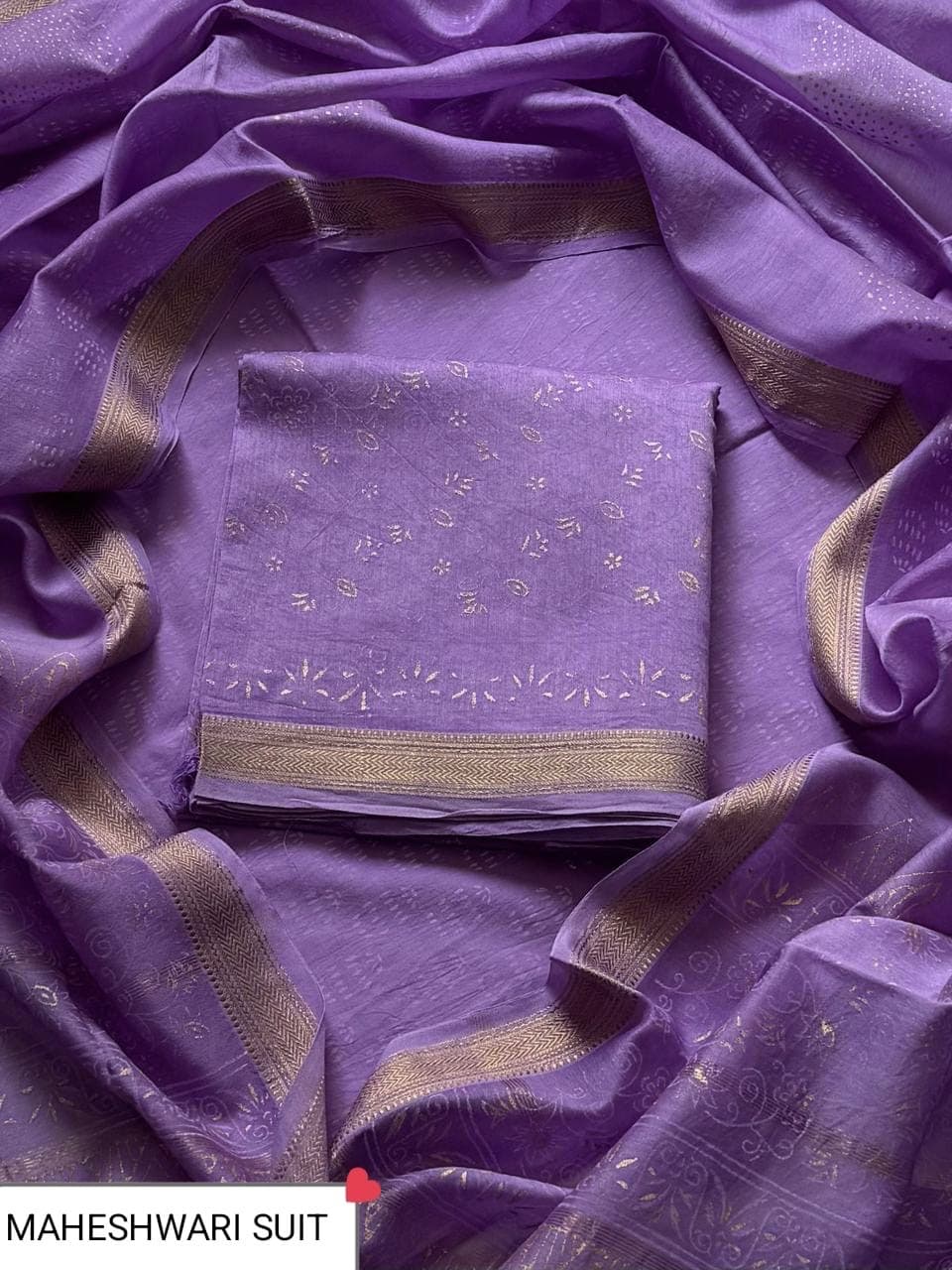 Lavender Self-Print Maheshwari Silk Suit with Maheshwari Silk Dupatta