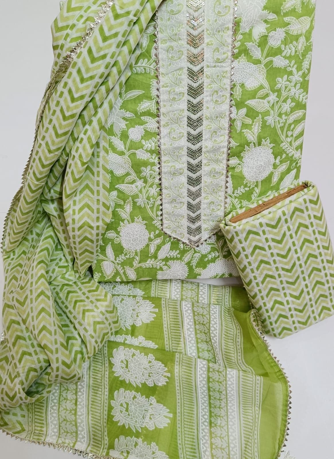 Lime Green Floral Print Cotton Suit Set with Sequin Gota Neck