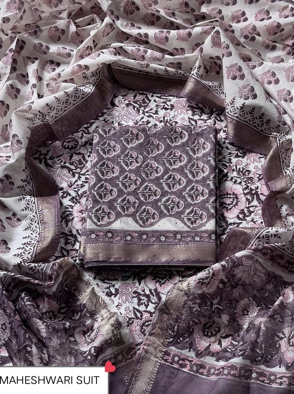 Mauve Lotus Medallion Block Print Maheshwari Silk Suit with Maheshwari Silk Dupatta