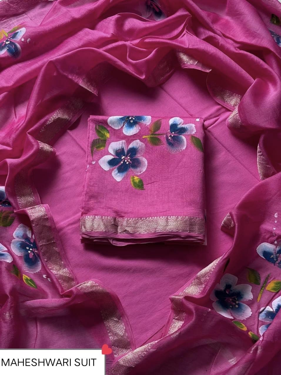 Pink Hand-Painted Floral Maheshwari Silk Suit with Maheshwari Silk Dupatta