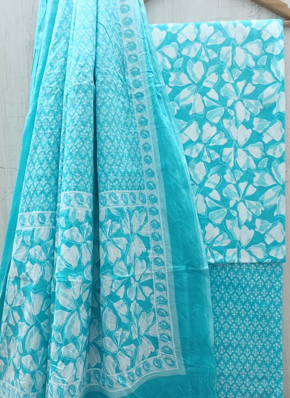 Turquoise Floral Petal Cotton Suit Set