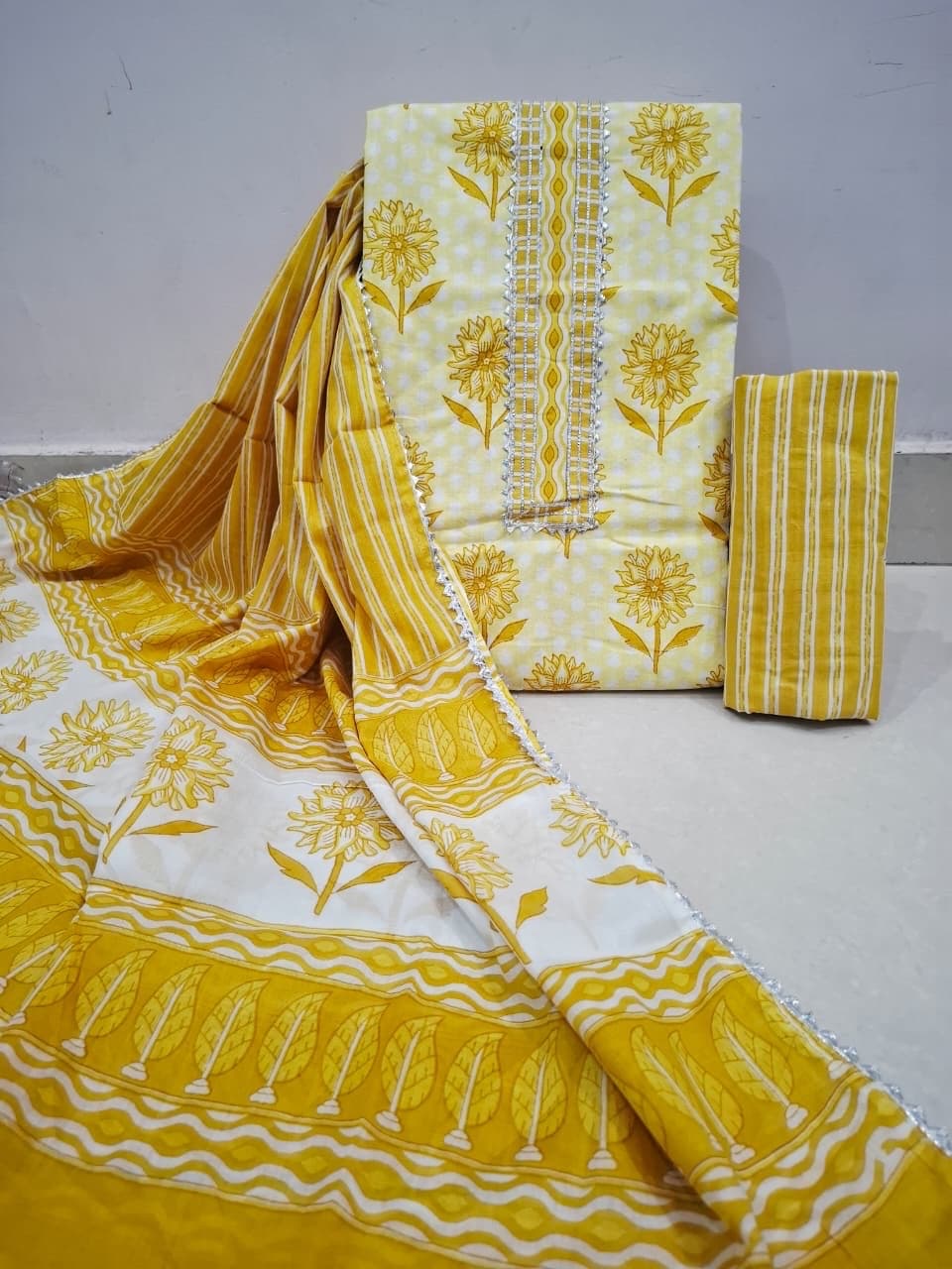 Yellow Sunflower Print Gota Patti Cotton Suit Set