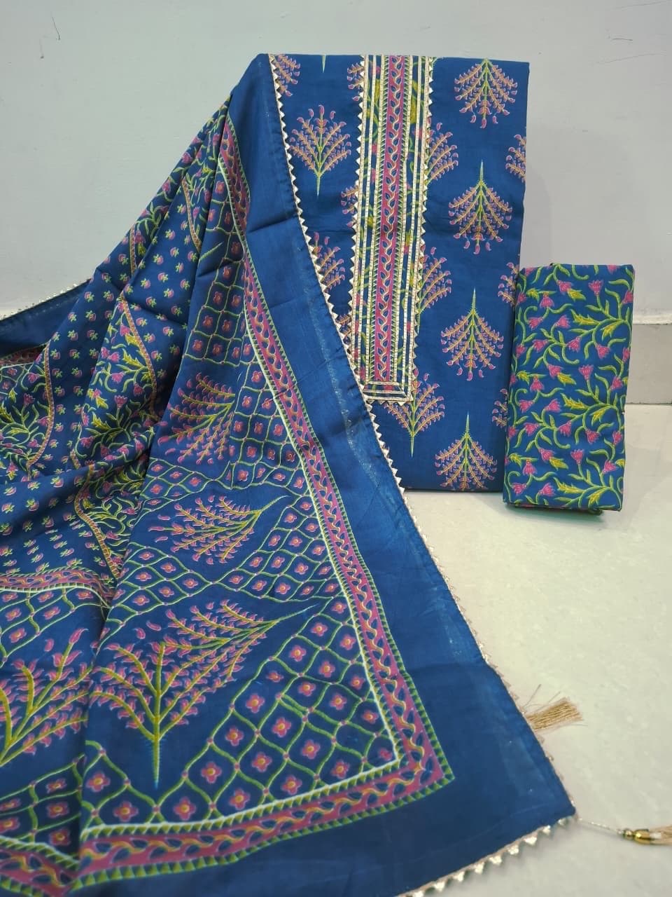 Navy Blue Fern Motif Gota Patti Cotton Suit Set