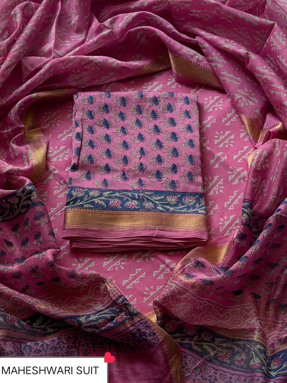 Pink Indigo Floral Block Print Maheshwari Silk Suit with Maheshwari Silk Dupatta