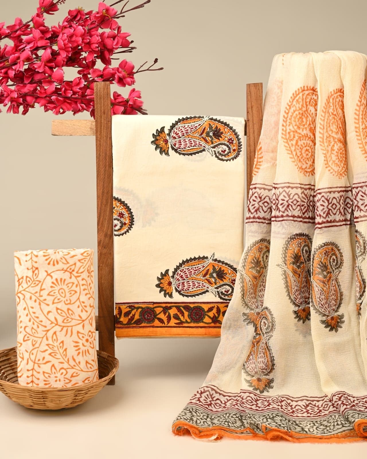 Ivory Cream Paisley Hand Block Print Pure Cotton Suit Set with Chiffon Dupatta