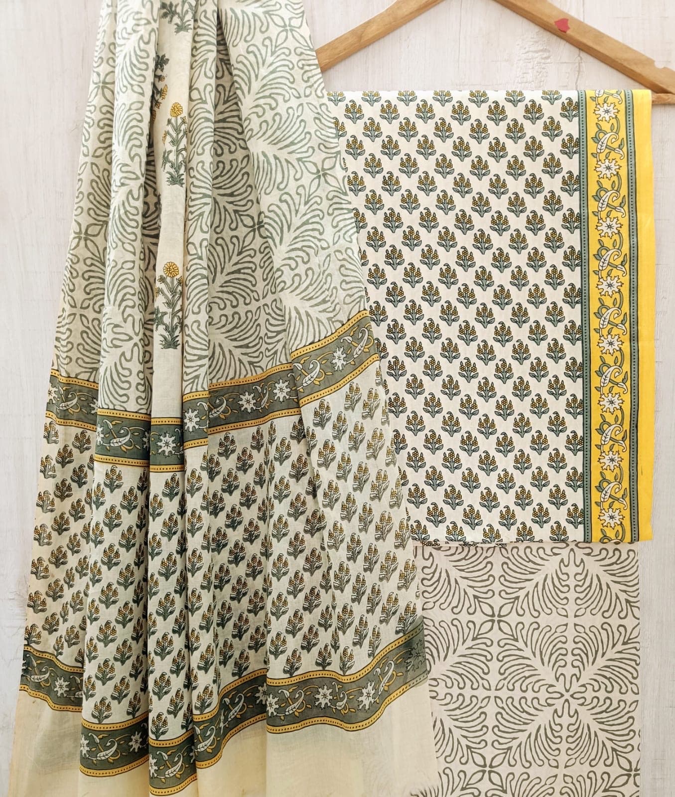Ivory Mustard Green Floral Cotton Suit Set