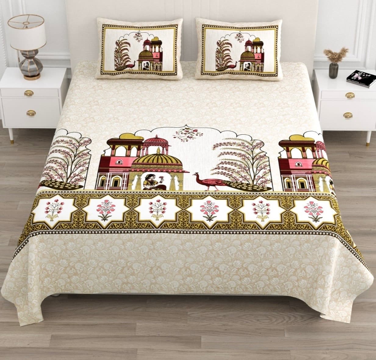 Beige Maroon Rajasthani Palace Peacock Print Cotton Bedsheet