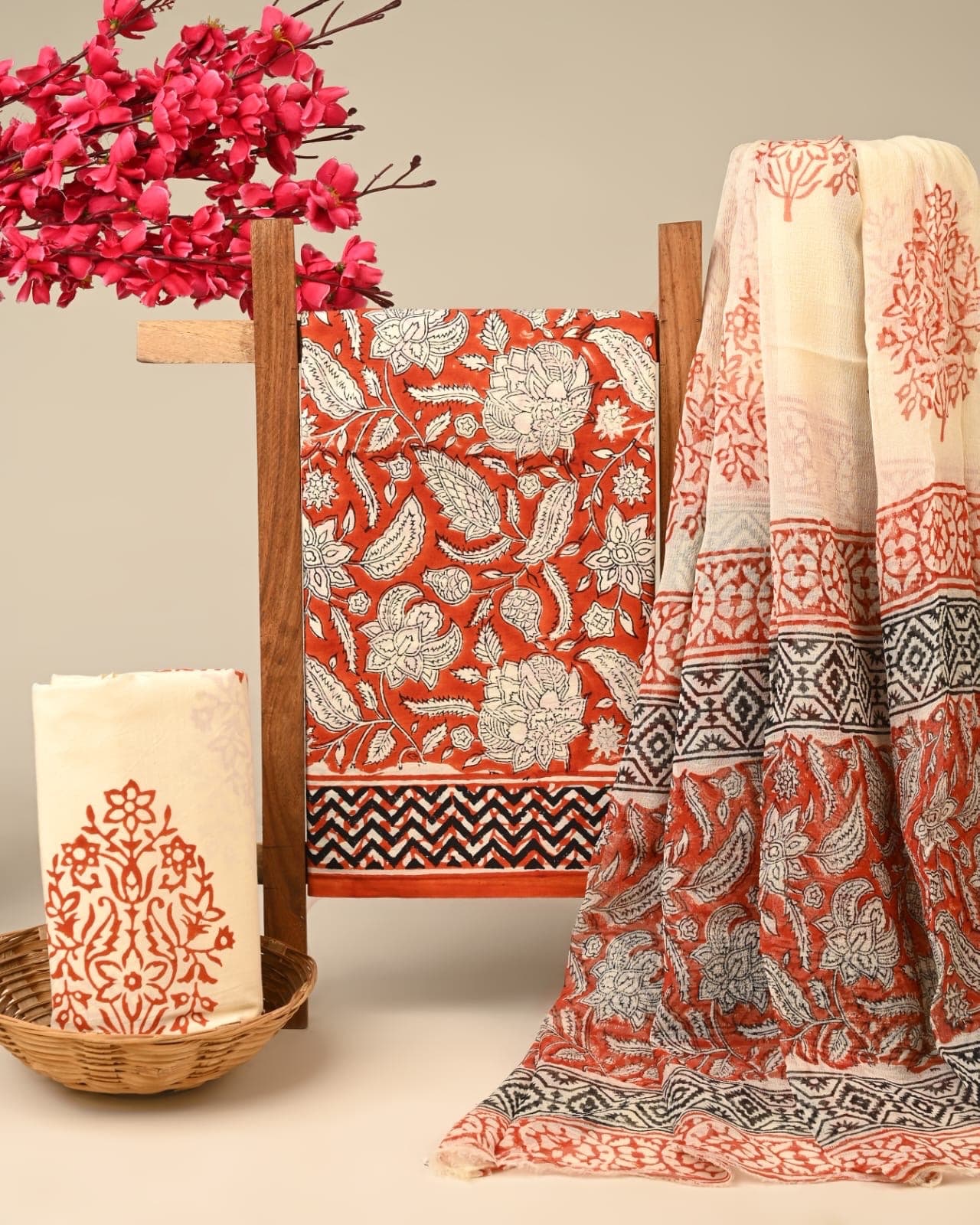 Rust Orange Floral Hand Block Print Pure Cotton Suit Set with Chiffon Dupatta