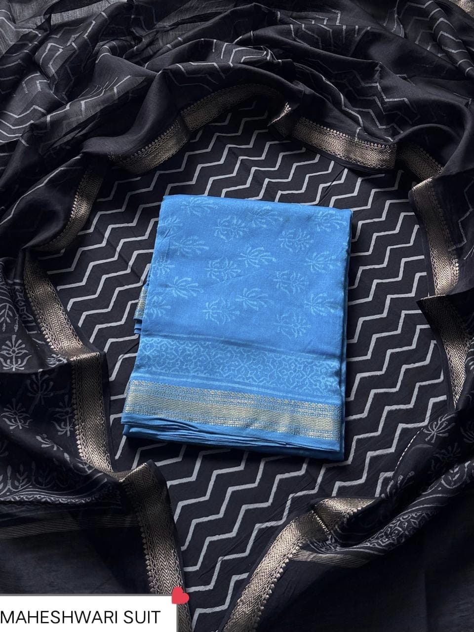 Sky Blue Self-Print Maheshwari Silk Suit with Black Chevron Dupatta