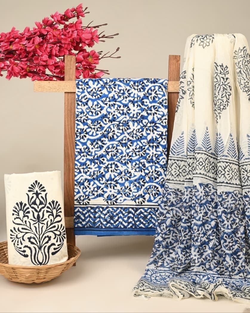 Royal Blue Mosaic Hand Block Print Pure Cotton Suit Set with Chiffon Dupatta