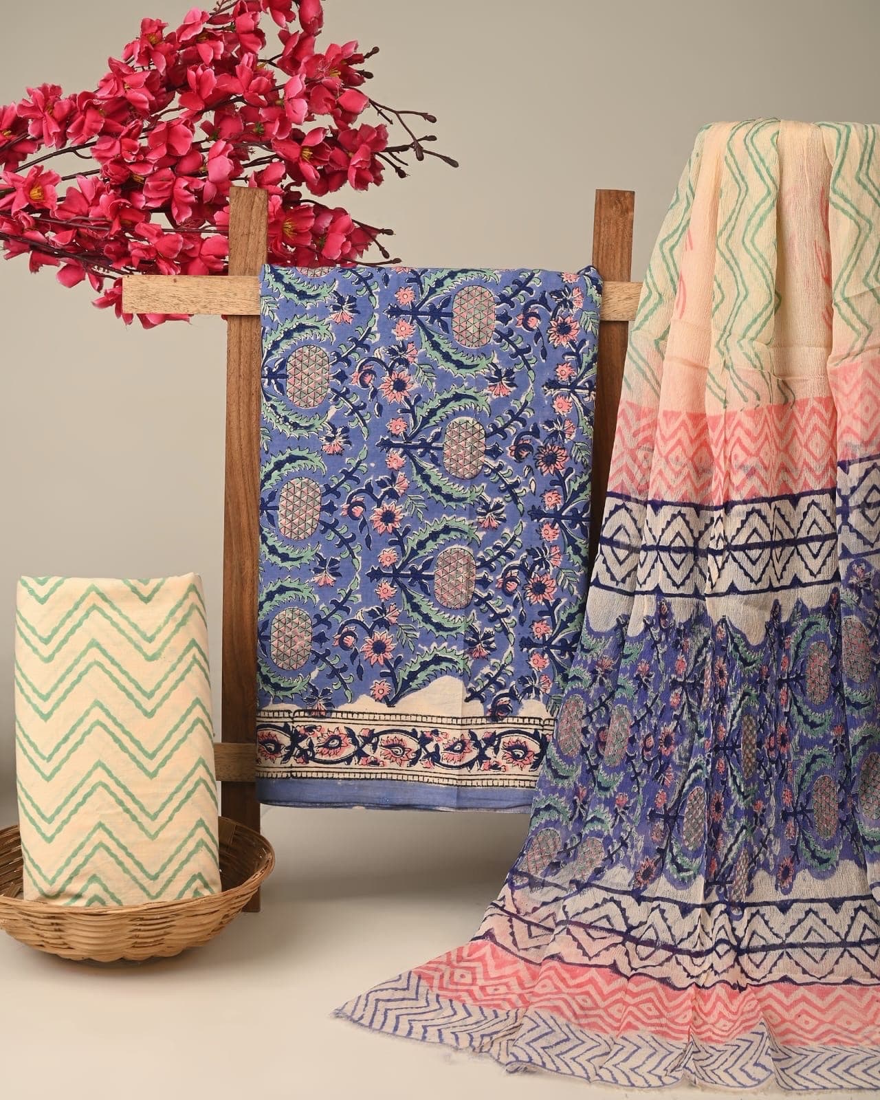 Periwinkle Blue Floral Hand Block Print Pure Cotton Suit Set with Chiffon Dupatta