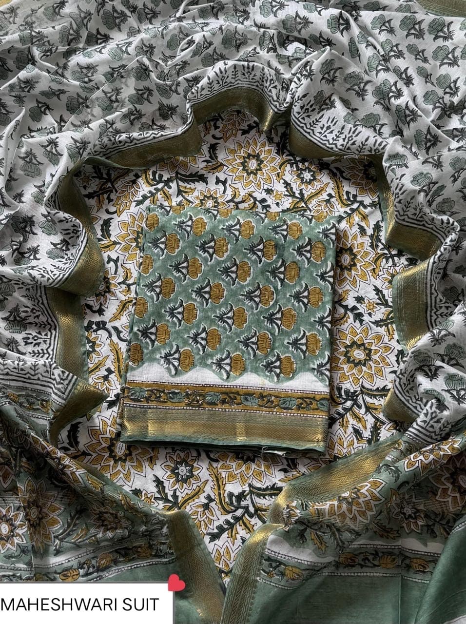 Sage Green Floral Booti Block Print Maheshwari Silk Suit with Maheshwari Silk Dupatta