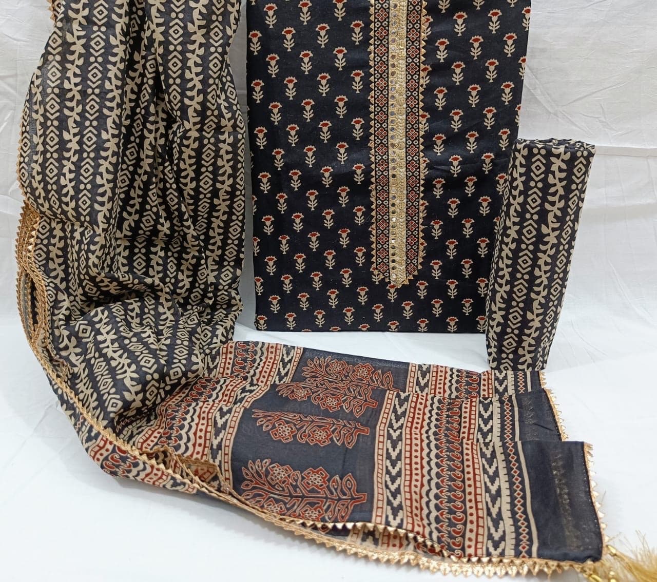 Black Booti Print Cotton Suit Set with Mirror Gota Neck