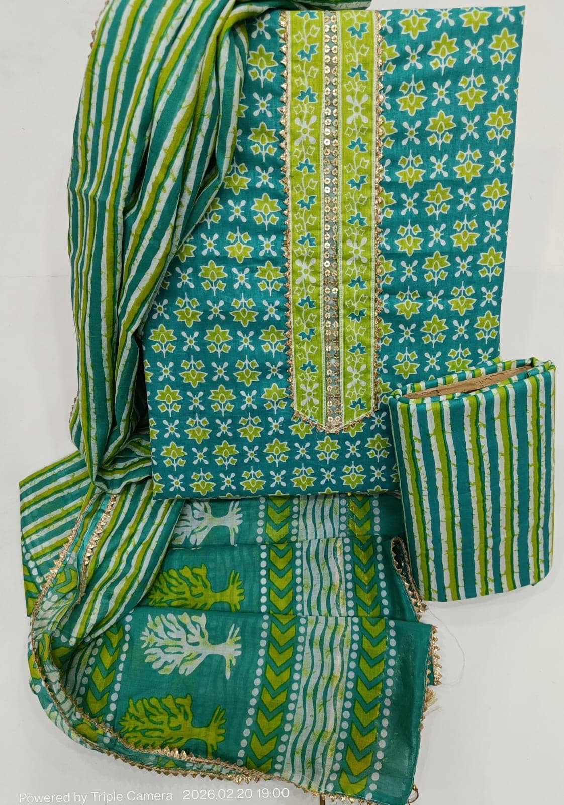 Teal Lime Floral Print Cotton Suit Set with Sequin Gota Neck