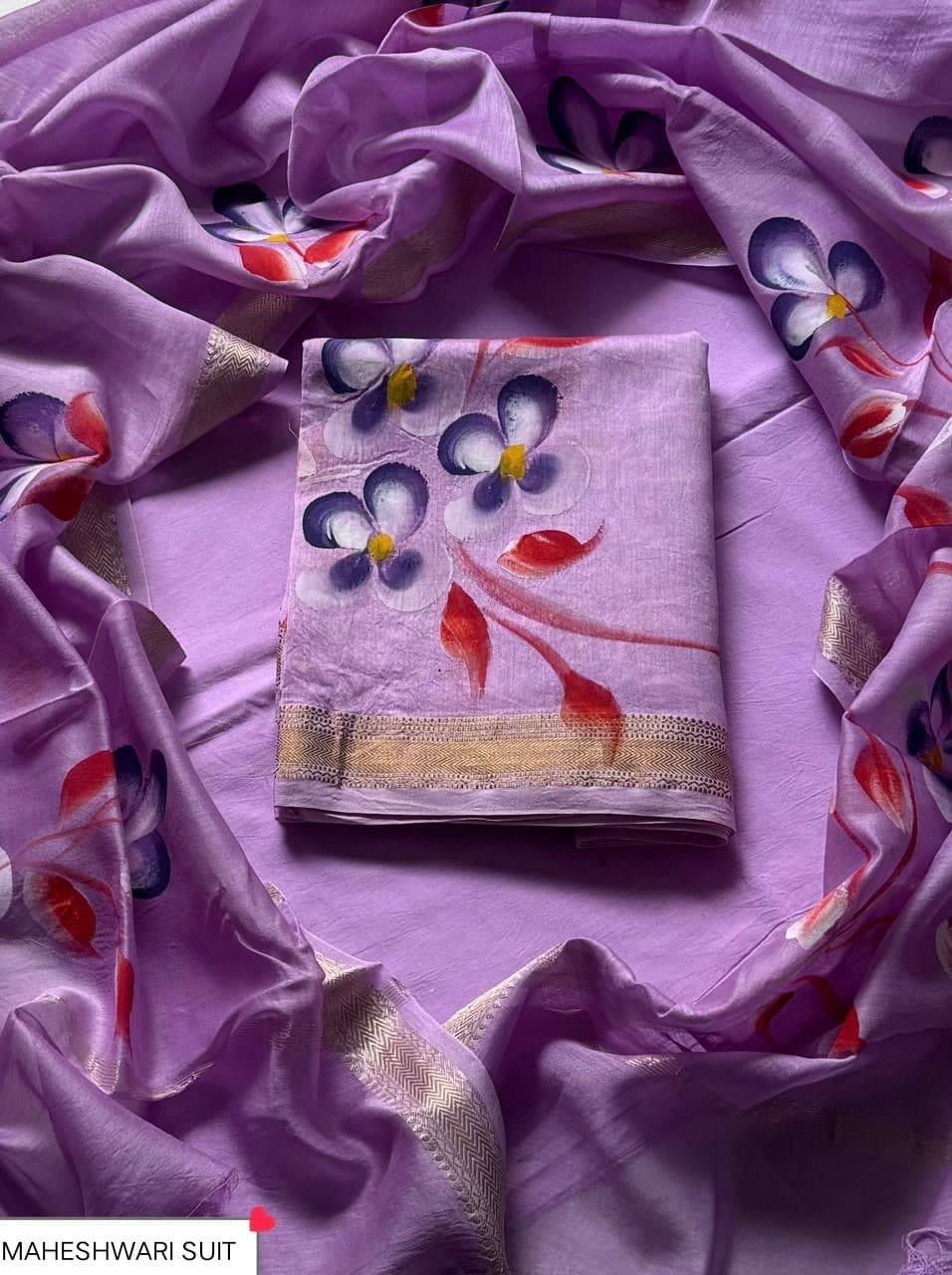 Lilac Hand-Painted Pansy Floral Maheshwari Silk Suit with Maheshwari Silk Dupatta