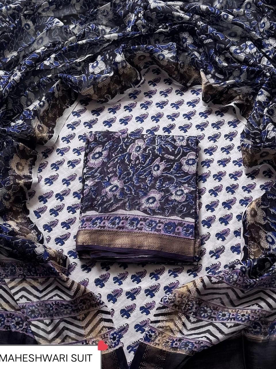 Navy Blue Leaf Booti Block Print Maheshwari Silk Suit with Maheshwari Silk Dupatta