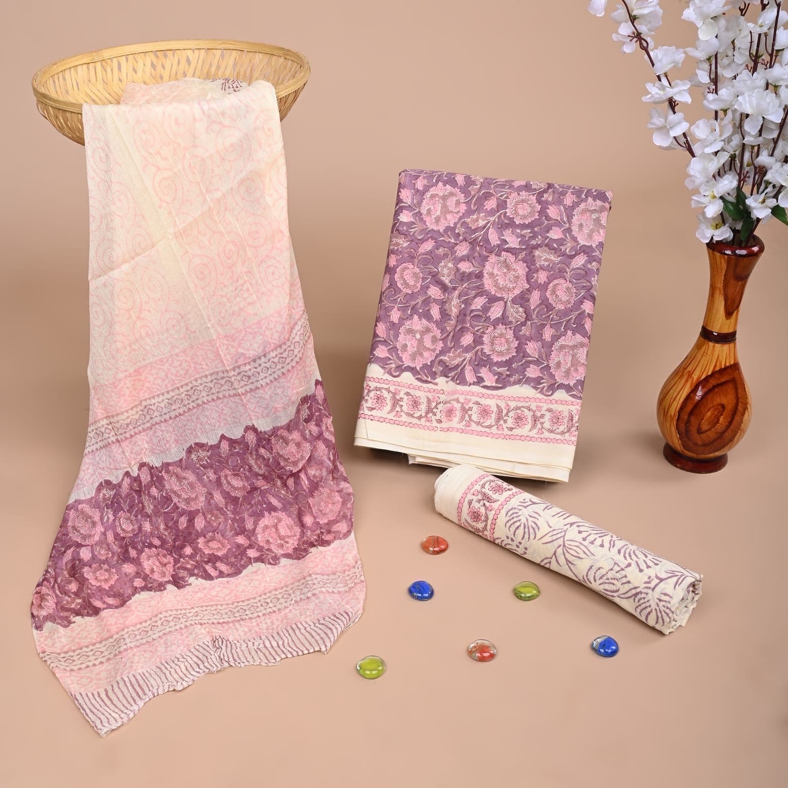 Mauve Purple Floral Hand Block Print Pure Cotton Suit Set with Chiffon Dupatta