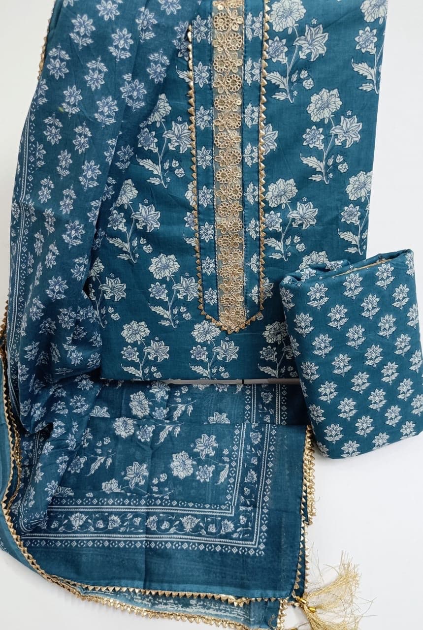 Teal Sanganeri Print Cotton Suit Set with Gota Lace Neck