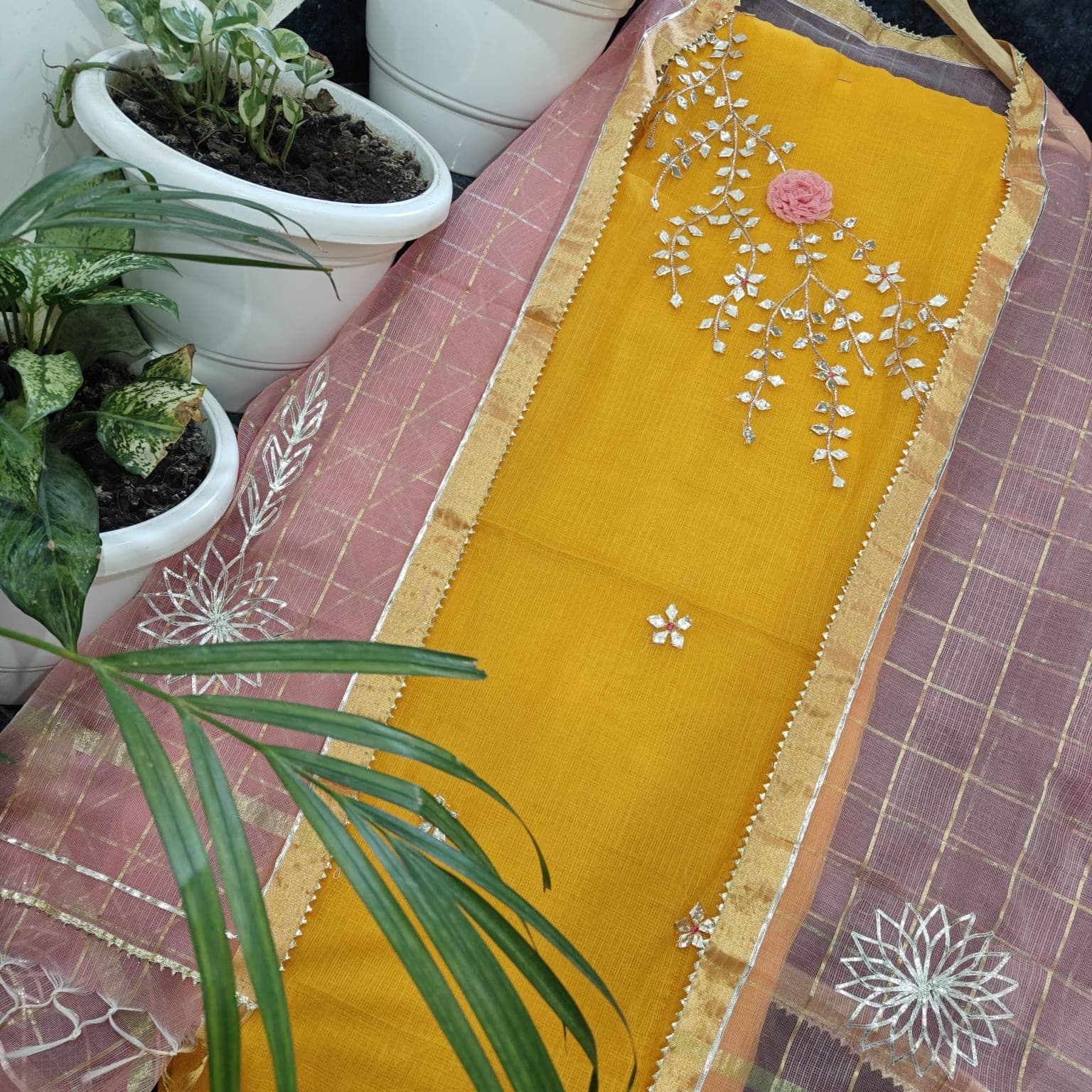 Kota Doria Dress Material - Mustard Yellow