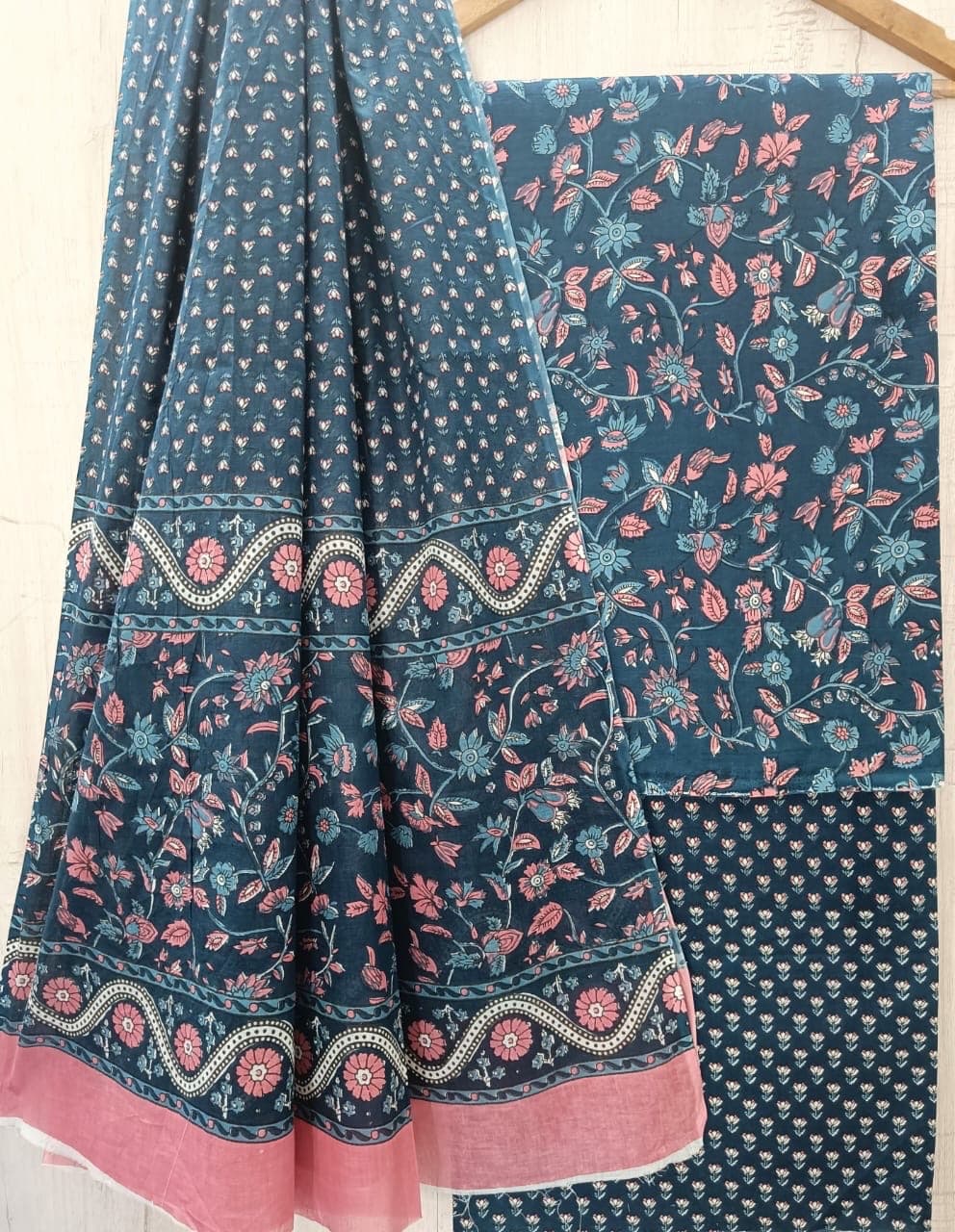 Teal Blue Floral Vine Cotton Suit Set