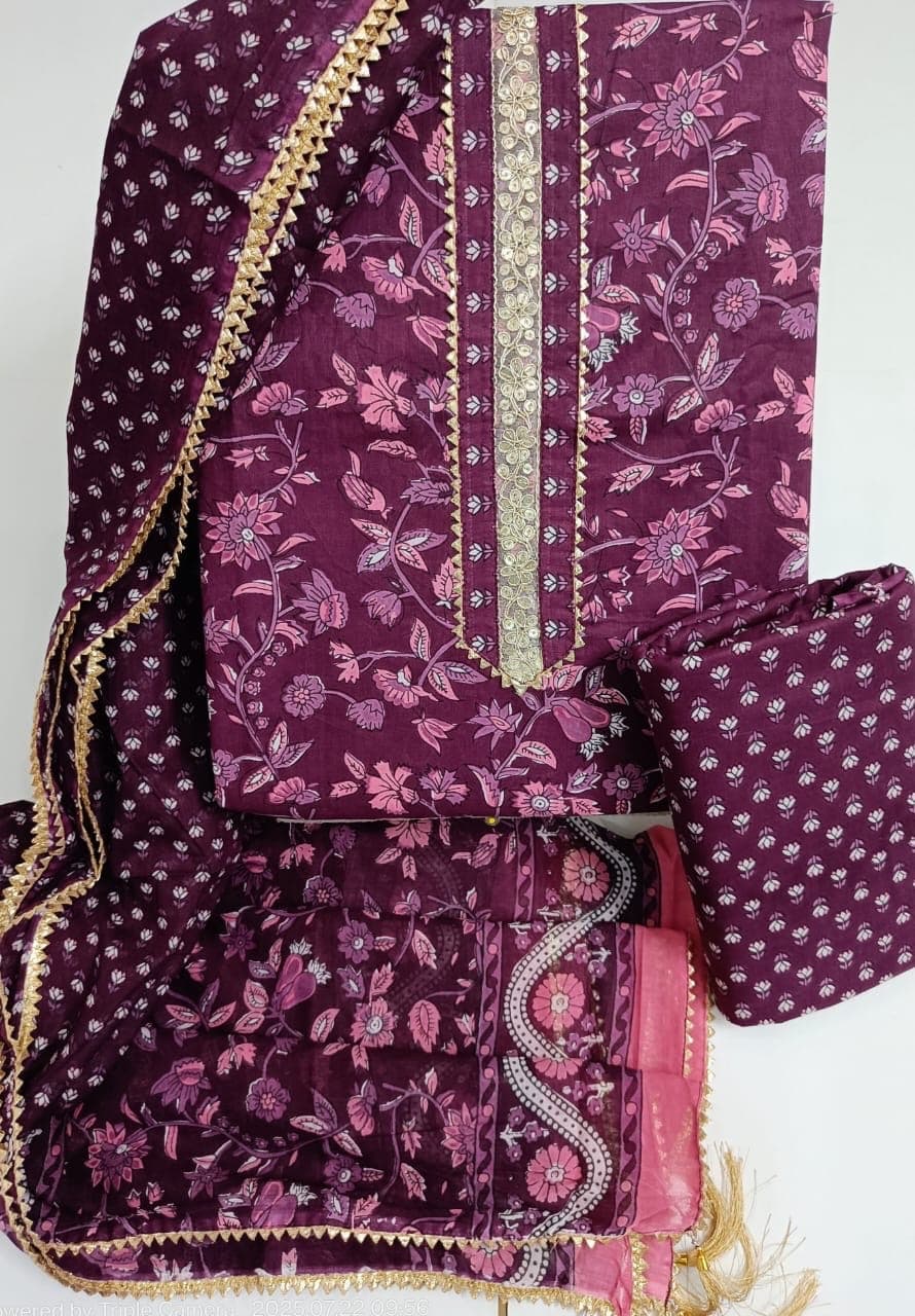 Wine Plum Floral Print Cotton Suit Set with Gota Lace Neck