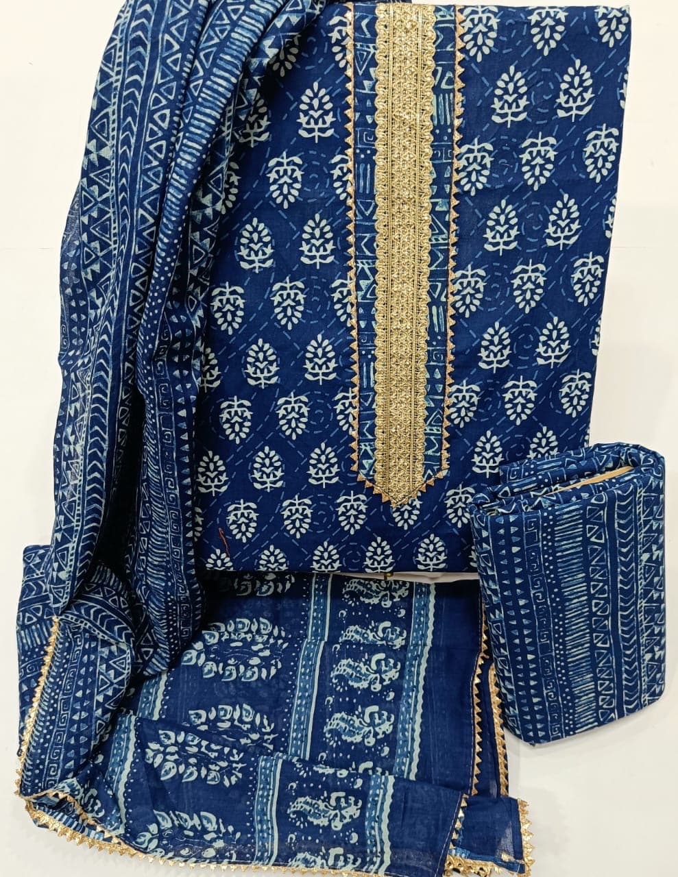 Indigo Booti Print Cotton Suit Set with Gota Lace Neck