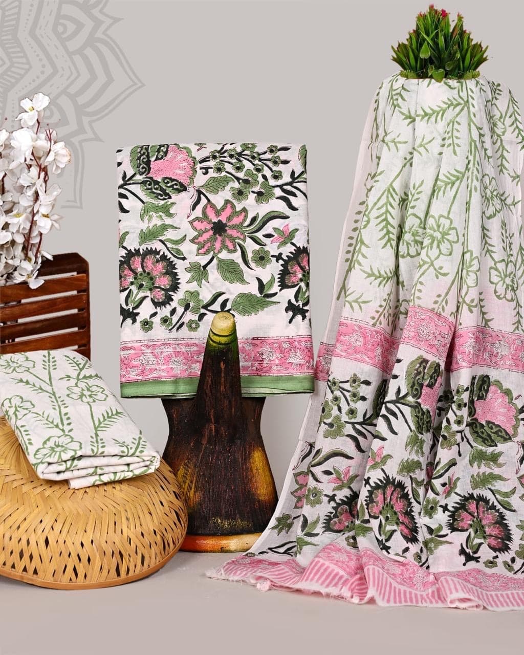 Ivory Green Floral Hand Block Print Pure Cotton Suit Set with Mulmul Dupatta