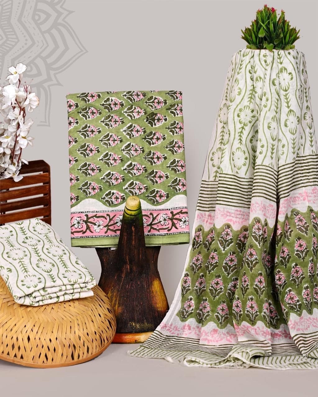 Olive Green Floral Hand Block Print Pure Cotton Suit Set with Mulmul Dupatta