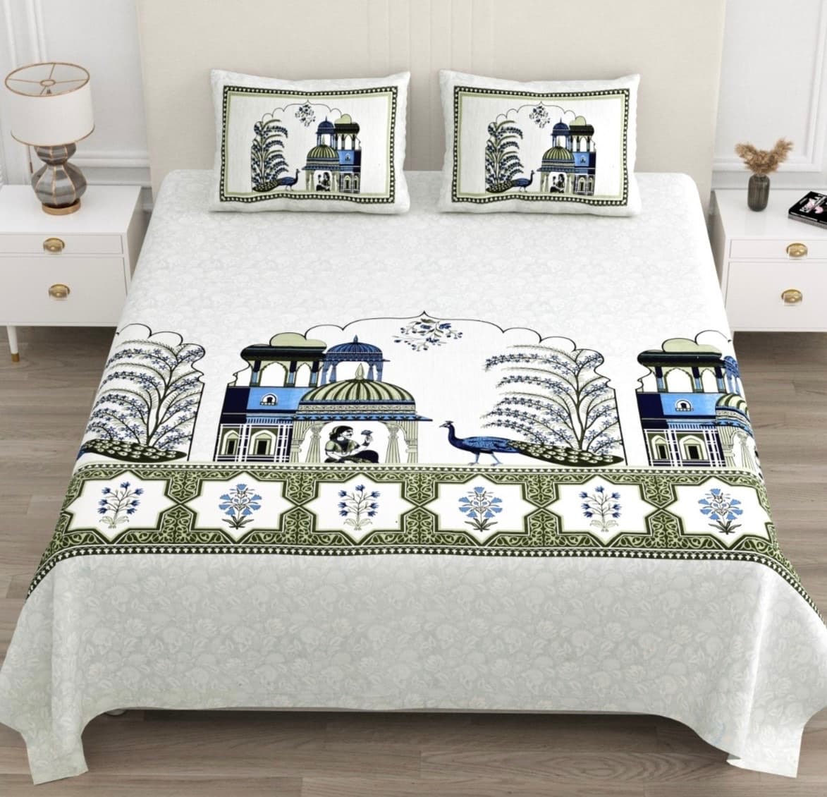 White Olive Navy Rajasthani Palace Peacock Print Cotton Bedsheet