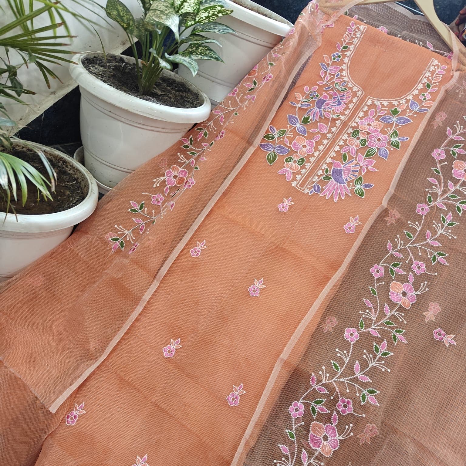 Coral Peach Kota Doria Bird Floral Embroidered Suit