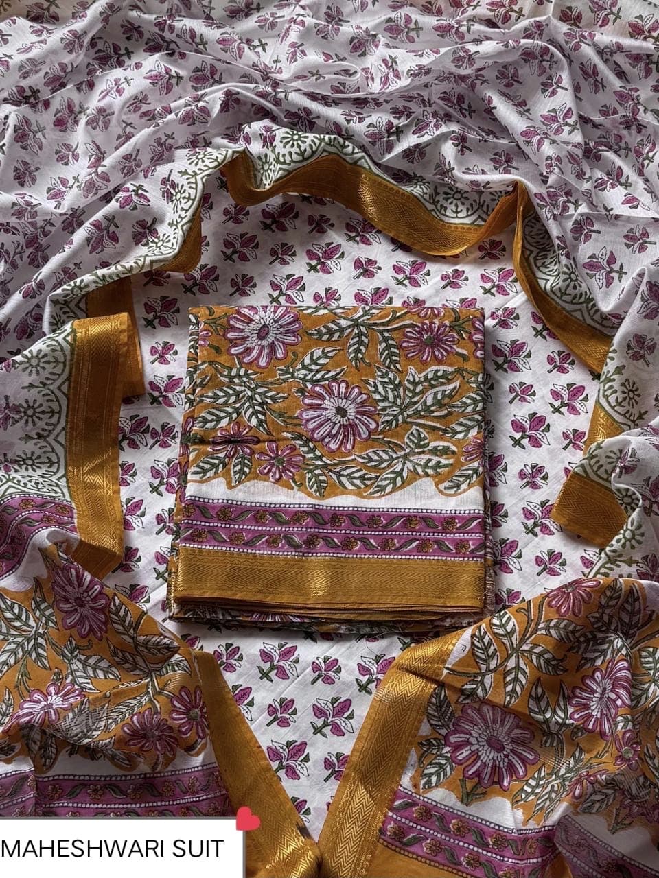 Mustard Floral Leaf Block Print Maheshwari Silk Suit with Maheshwari Silk Dupatta