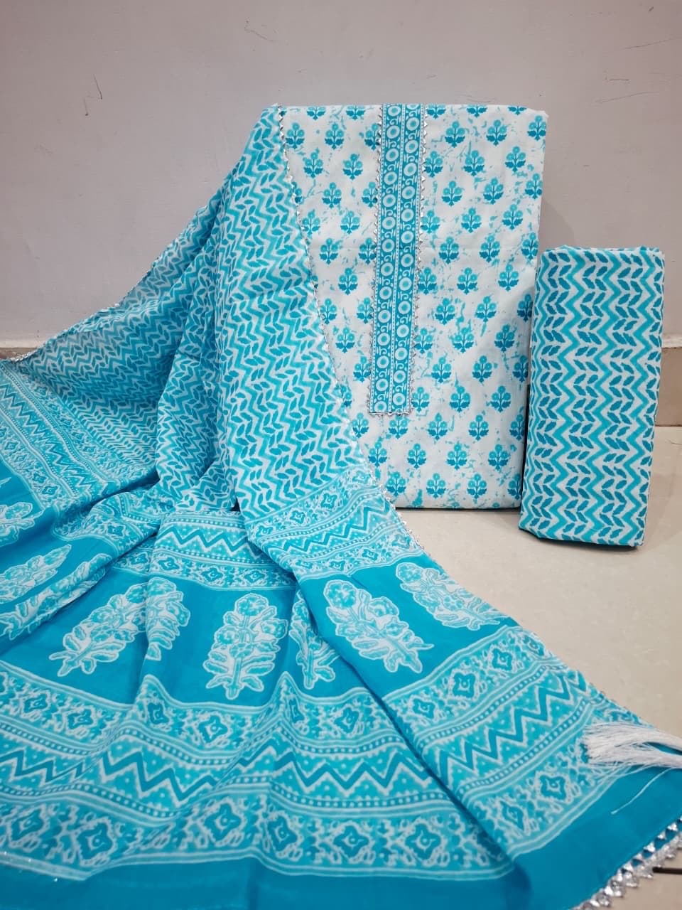 Turquoise Blue Leaf Print Gota Patti Cotton Suit Set