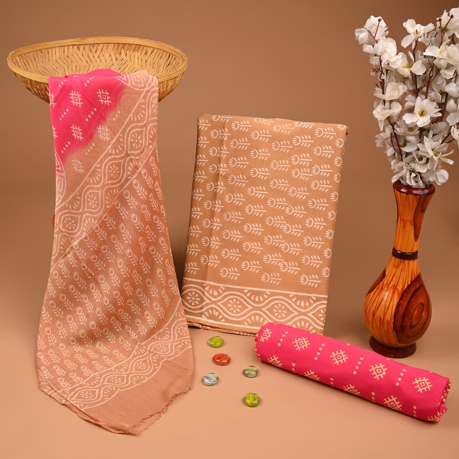 Beige Tan Floral Hand Block Print Pure Cotton Suit Set with Chiffon Dupatta